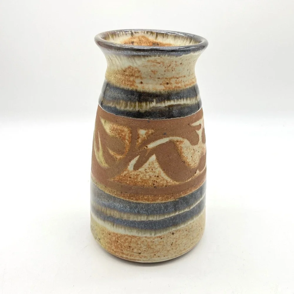 Robert Farmer Signed Studio Pottery Vase Earthy Abstract Glaze Brown Blue 6.5in